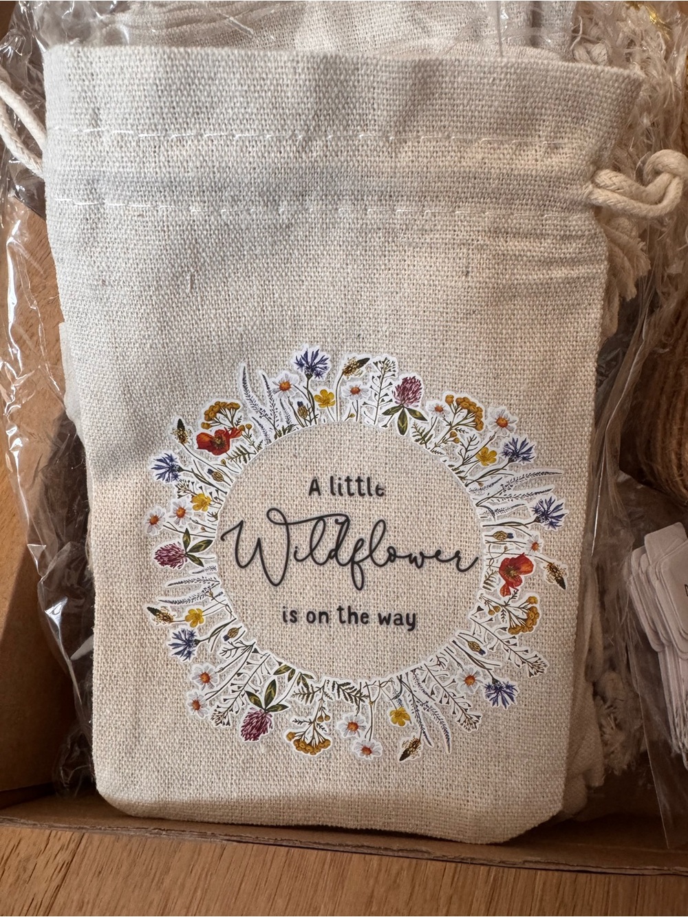 Baby Shower favors: Wildflower Linen Drawstring Bag for seed packets - NEW